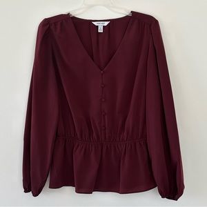 Nine West Burgundy Button Front Peplum Blouse Size Medium